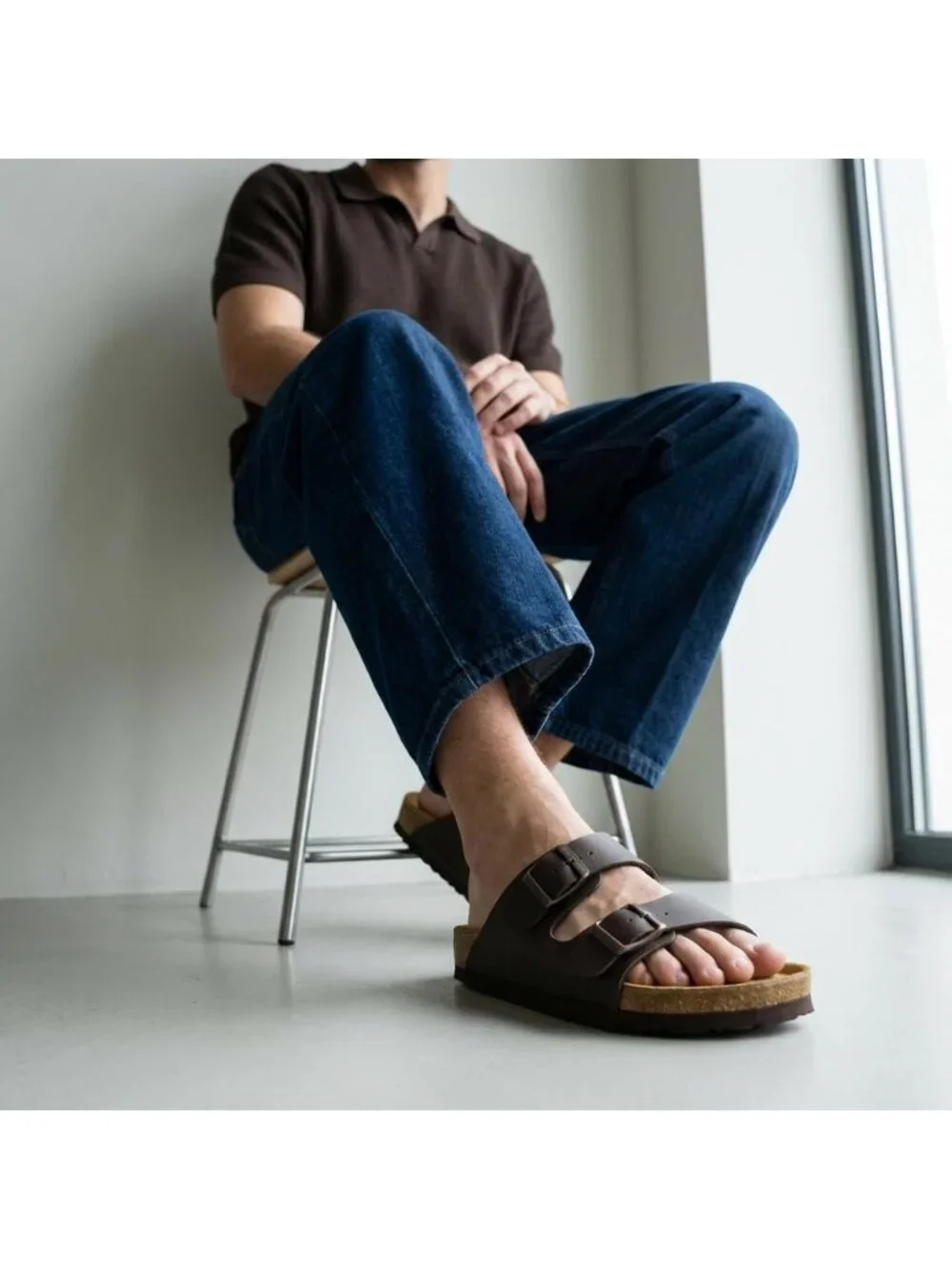 Men's Dark Brown Lane Cork Footbed Sandals Adjustable Buckle Comfort Slides